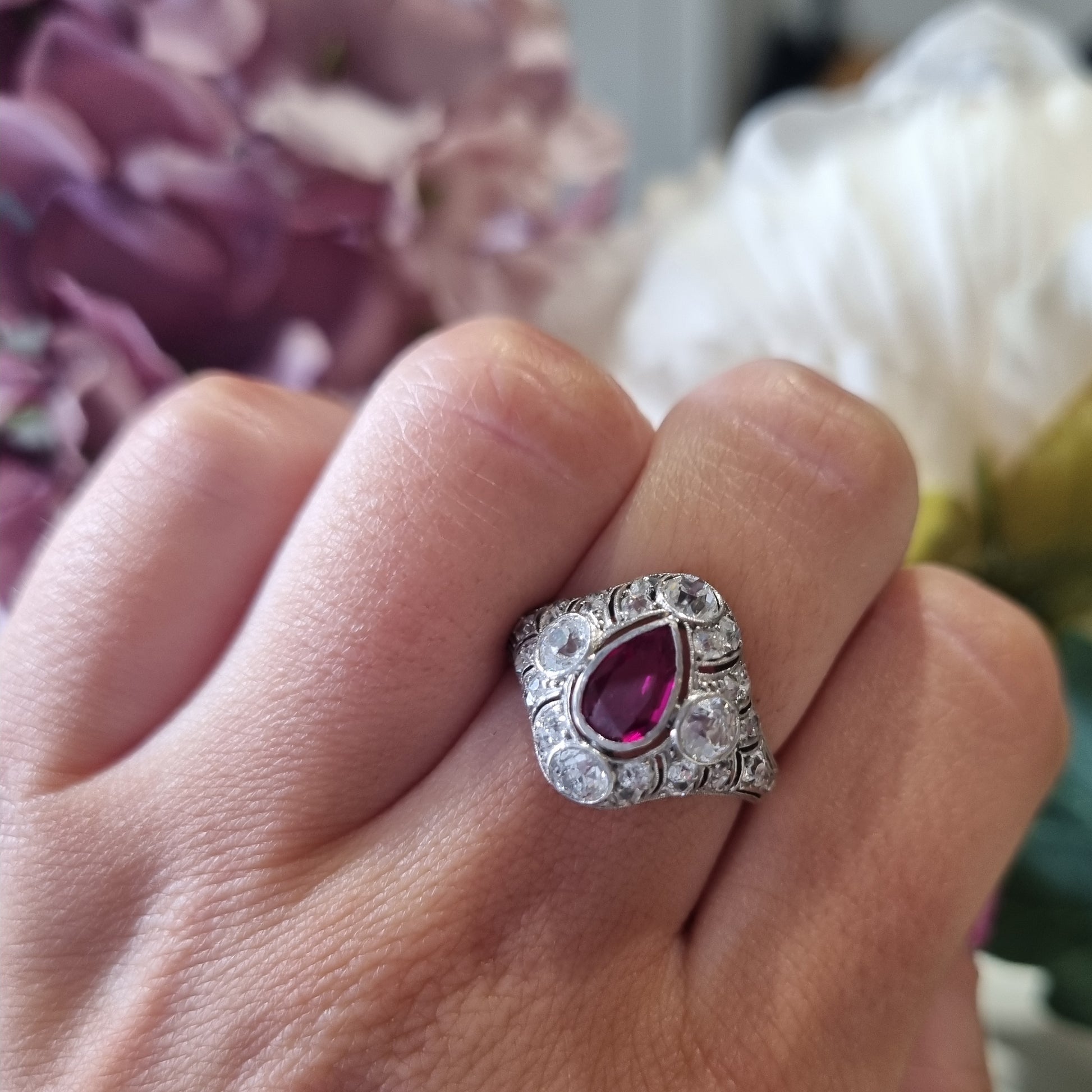 Edwardian Antique Pear Shape Ruby and Diamond Cluster Dress Ring