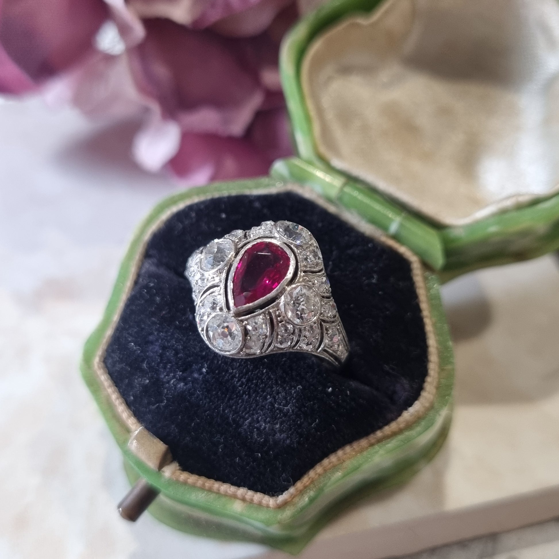 Edwardian Antique Pear Shape Ruby and Diamond Cluster Dress Ring