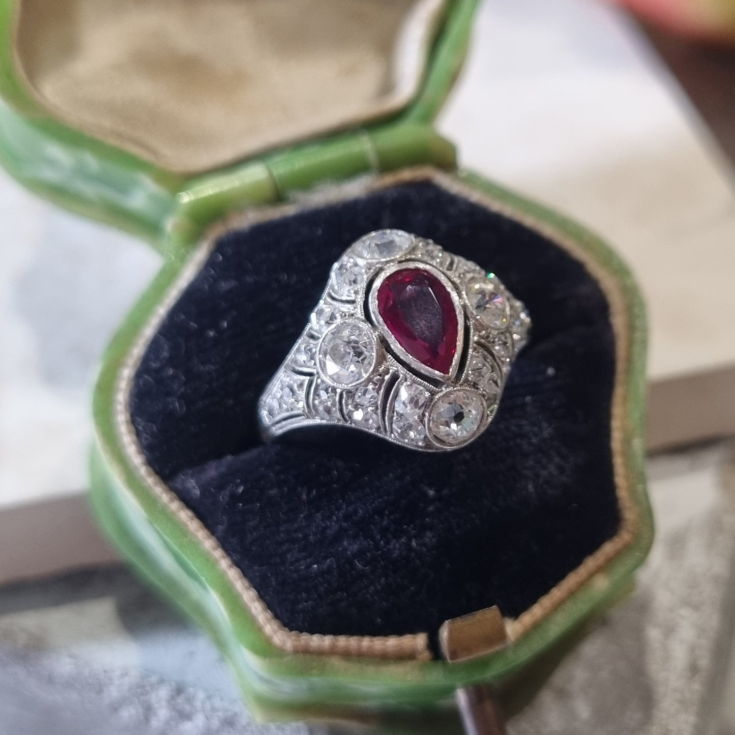 Edwardian Antique Pear Shape Ruby and Diamond Cluster Dress Ring