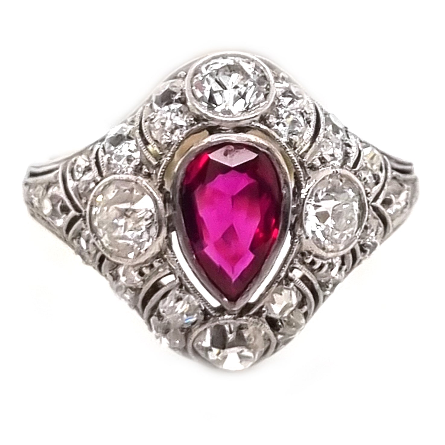 Edwardian Antique Pear Shape Ruby and Diamond Cluster Dress Ring