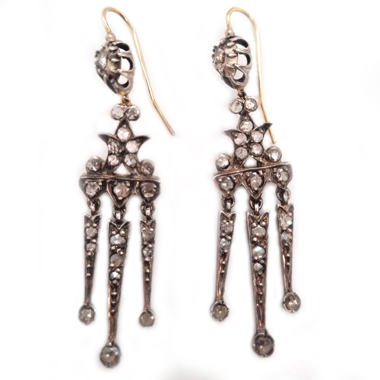Antique Rose Cut Diamond Girandole Drop Earrings