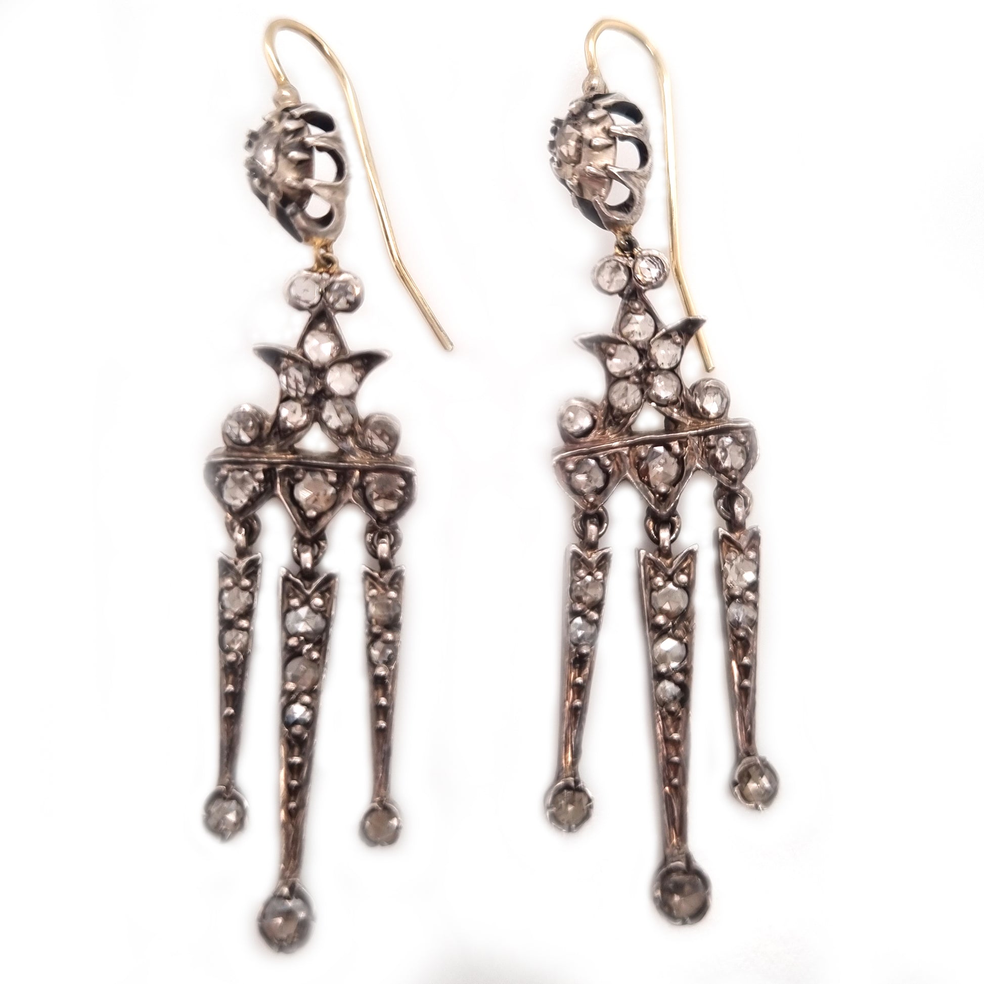 Antique Rose Cut Diamond Girandole Drop Earrings
