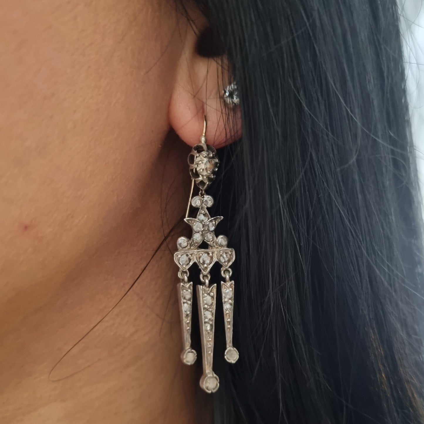 Antique Rose Cut Diamond Girandole Drop Earrings