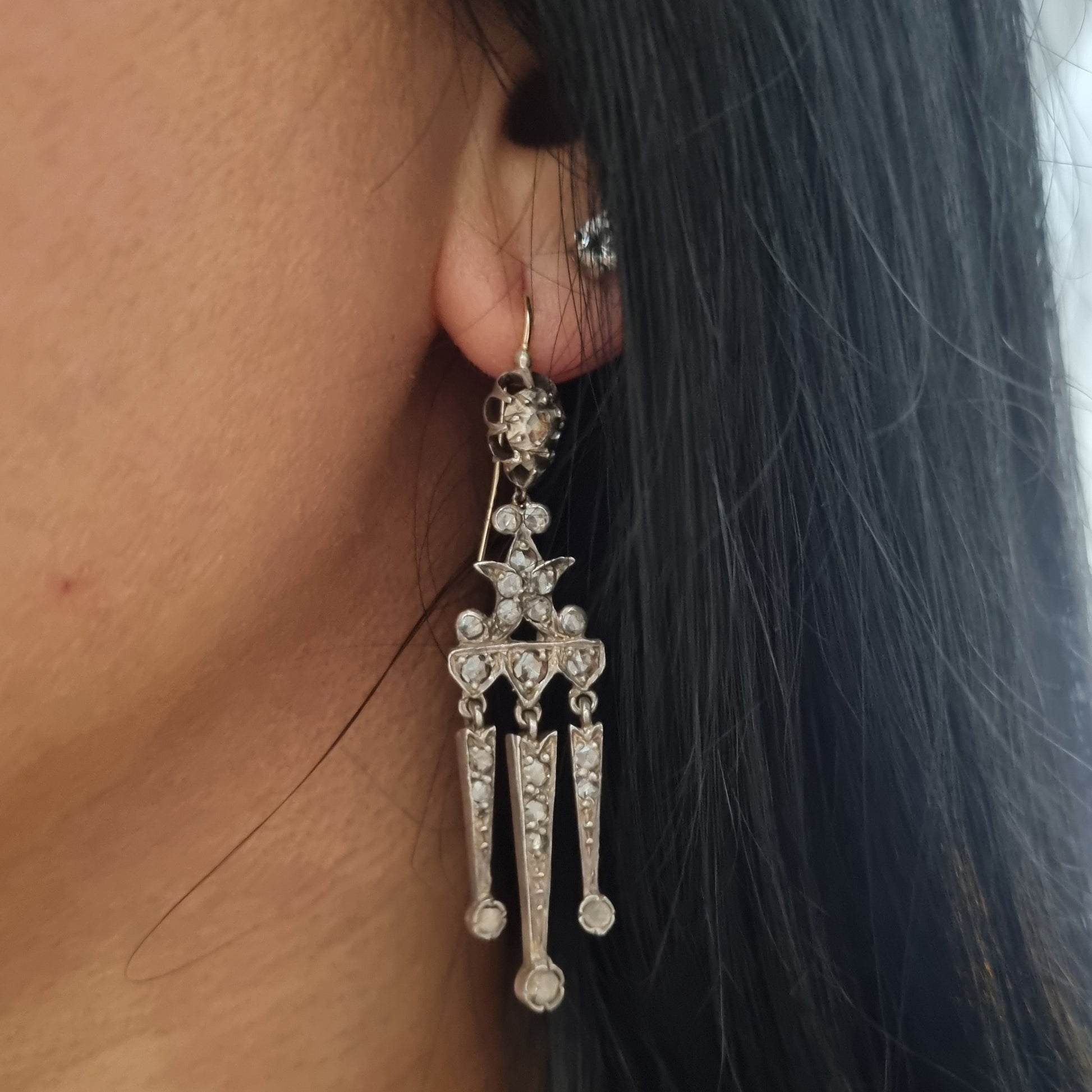 Antique Rose Cut Diamond Girandole Drop Earrings