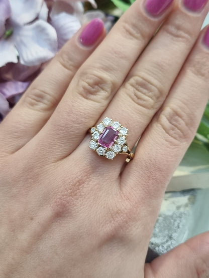 Vintage style pink sapphire cluster ring long shape yellow gold 