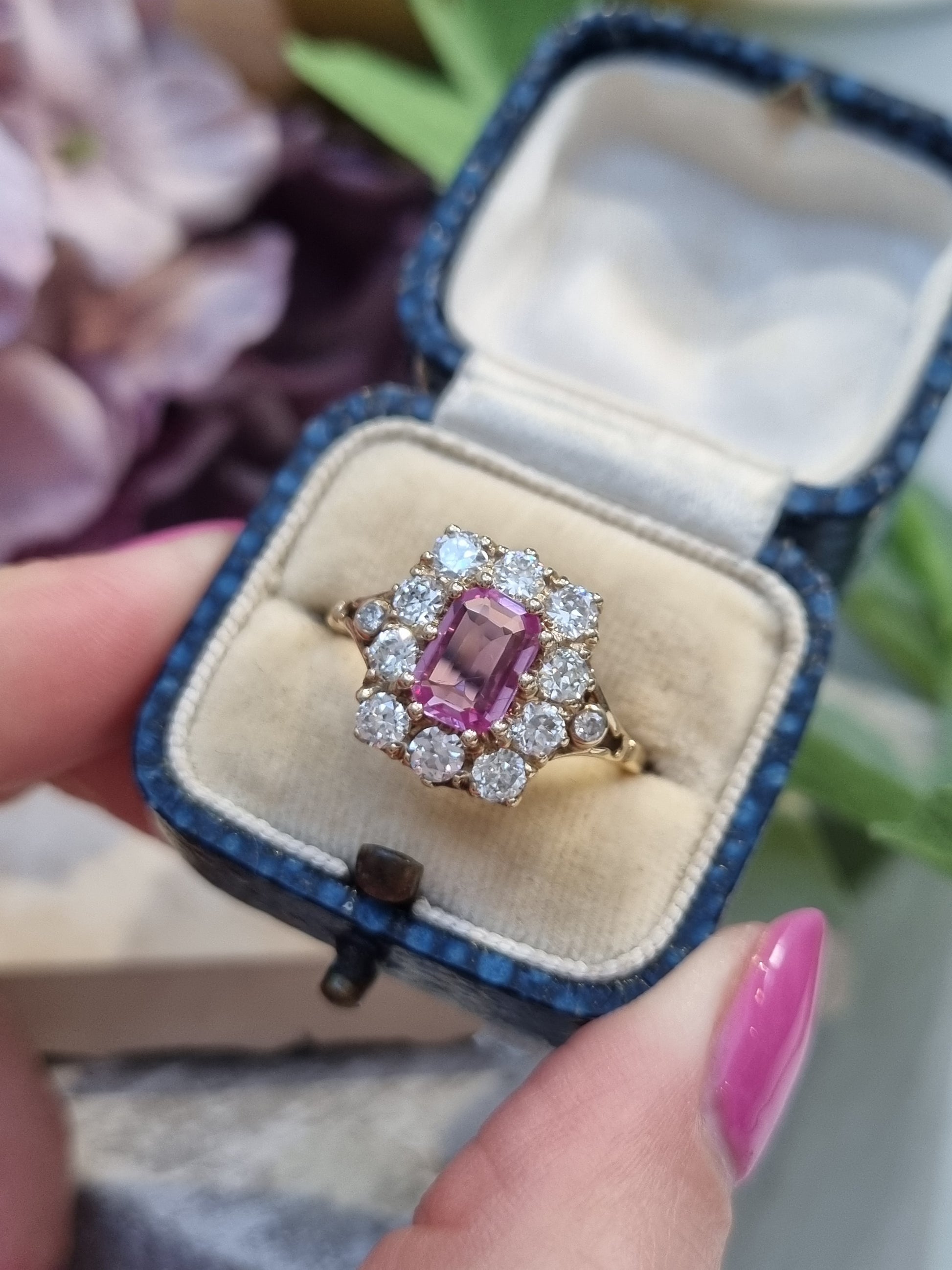 Antique Style Pink Sapphire and Diamond Crown Cluster Ring in Yellow Gold