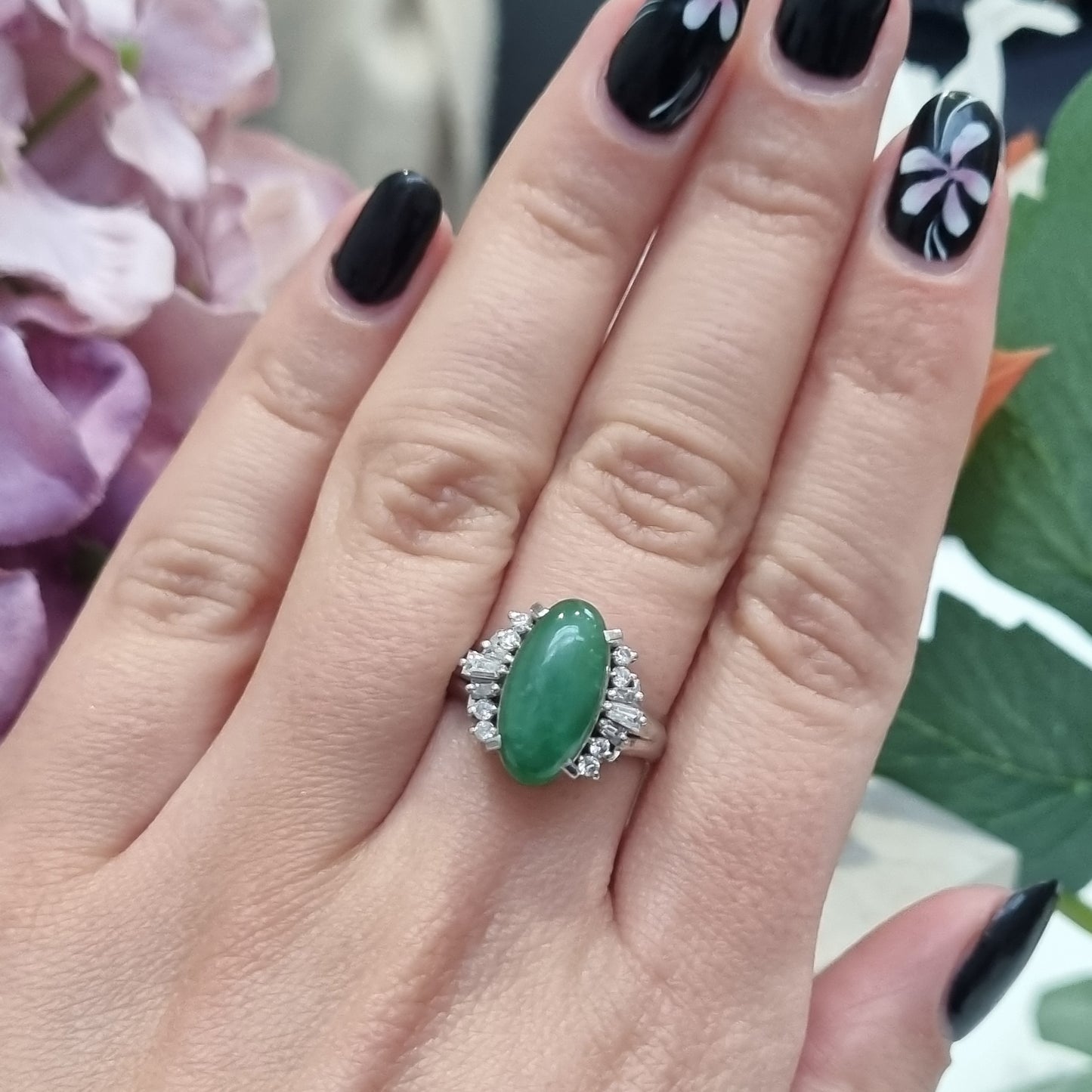 Jadeite Jade and Diamond Cluster Dress Ring