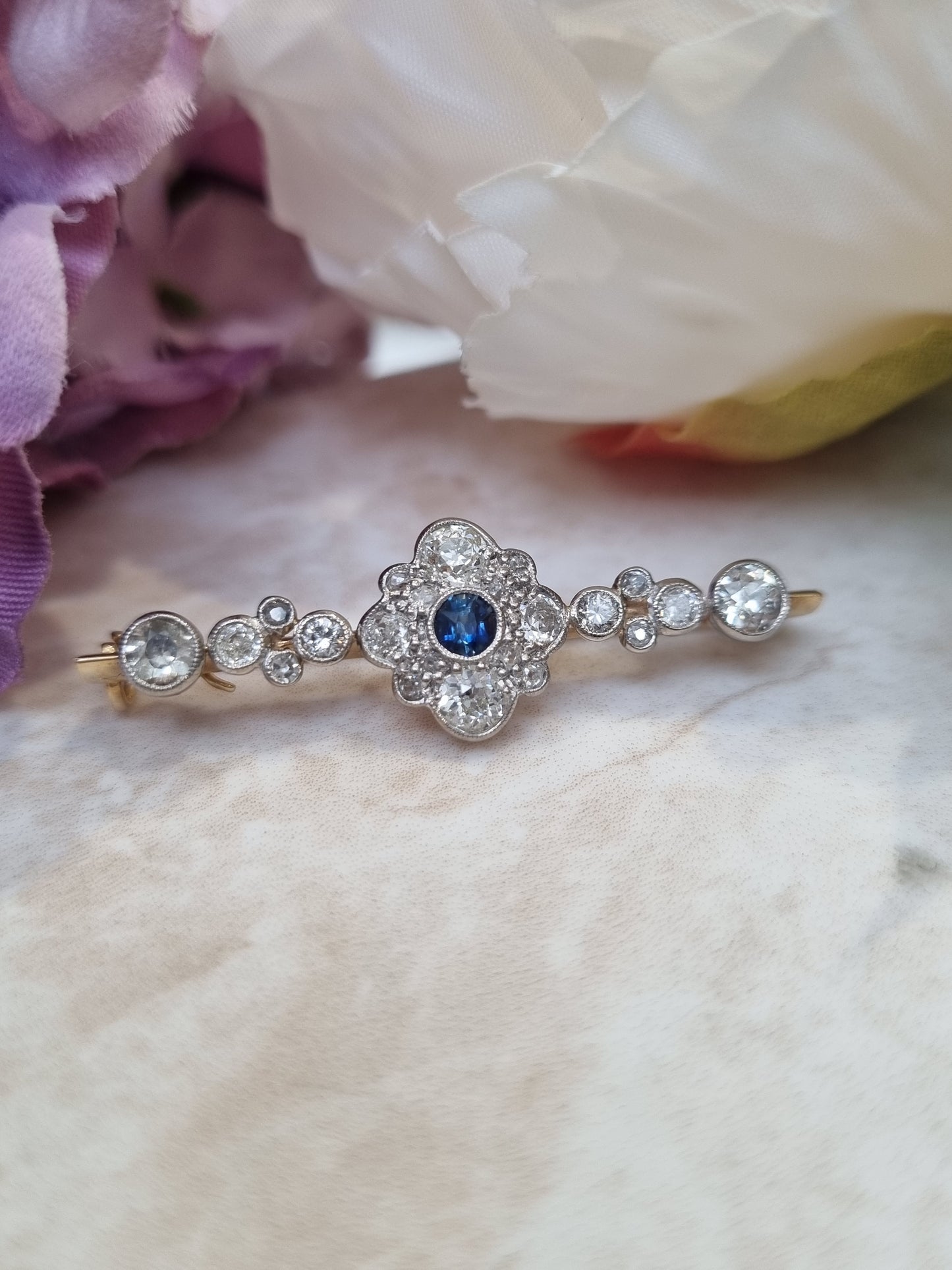 Antique sapphire diamond cluster bar brooch old cuts 