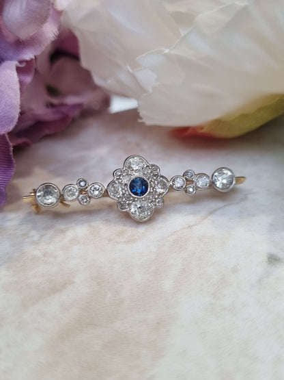 Antique sapphire diamond cluster bar brooch old cuts 