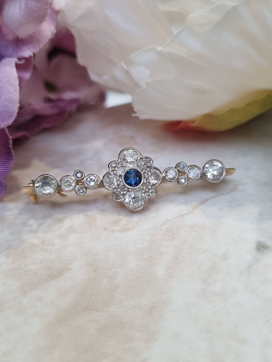 Antique sapphire diamond cluster bar brooch old cuts 