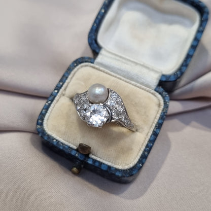 Belle Epoque Natural Pearl and Old Cut Diamond Ring in Platinum
