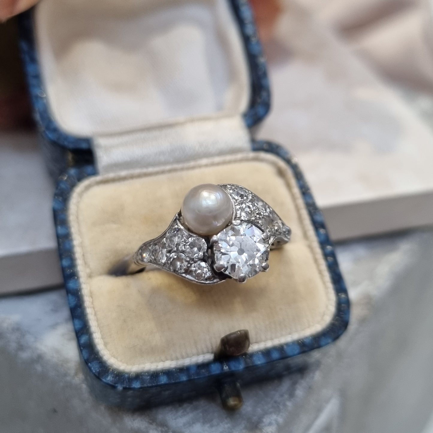 Belle Epoque Natural Pearl and Old Cut Diamond Ring in Platinum