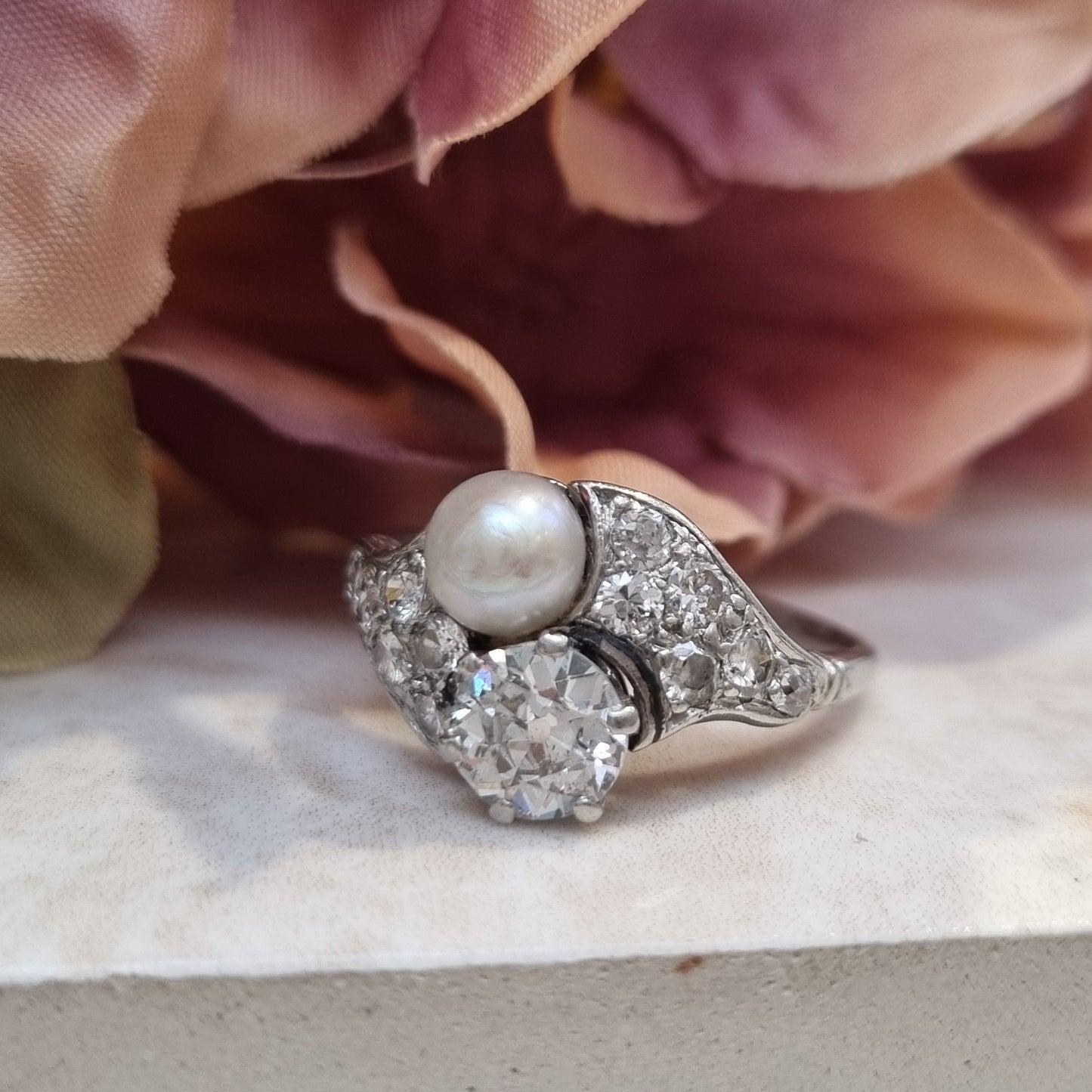 Belle Epoque Natural Pearl and Old Cut Diamond Ring in Platinum