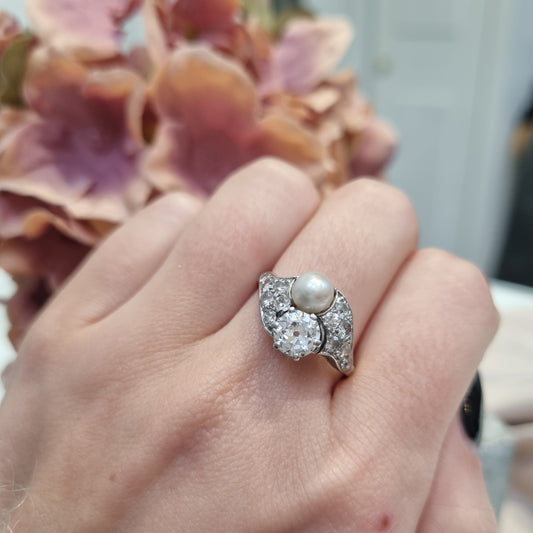 Belle Epoque Natural Pearl and Old Cut Diamond Ring in Platinum