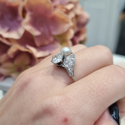 Belle Epoque Natural Pearl and Old Cut Diamond Ring in Platinum