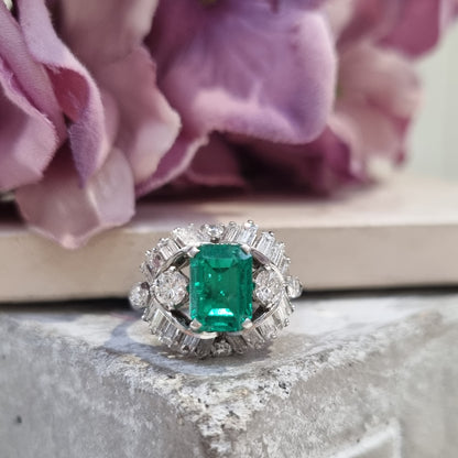 Vintage Boucheron Colombian Emerald and Diamond Cluster Dress Ring