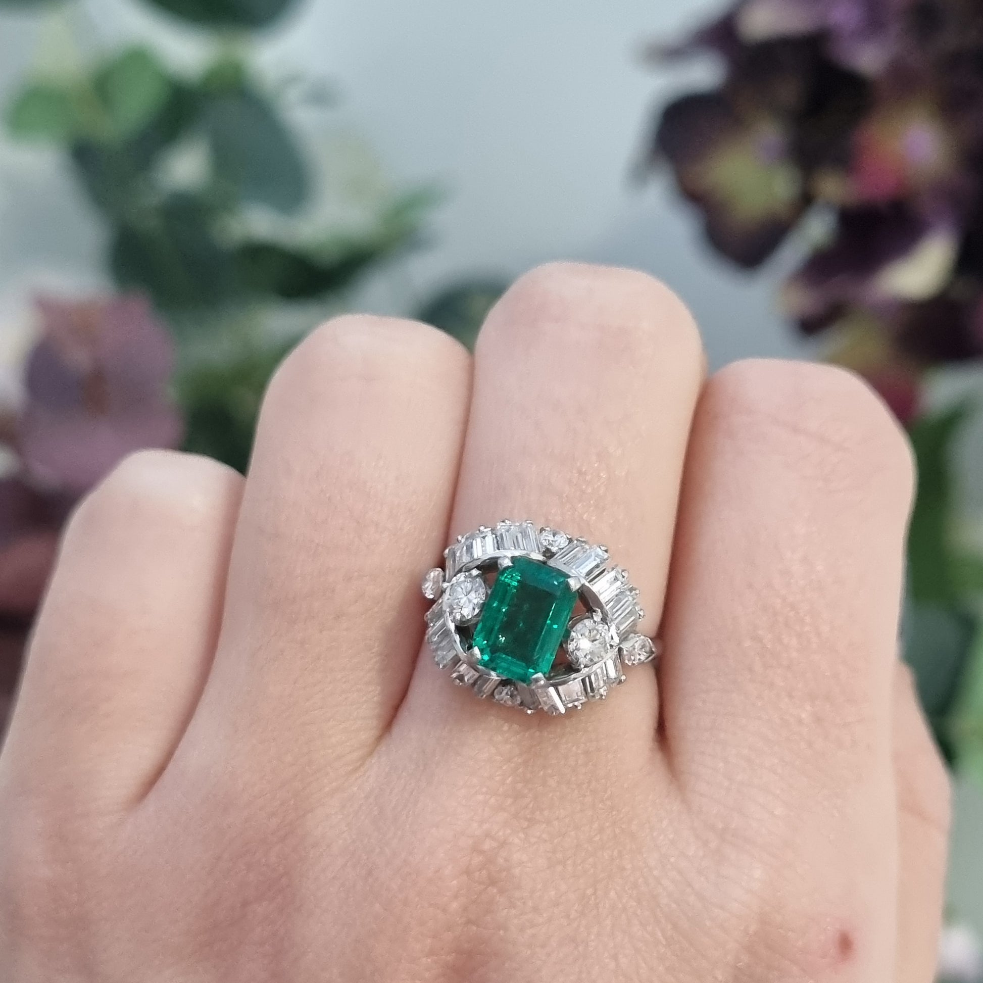 Vintage Boucheron Colombian Emerald and Diamond Cluster Dress Ring