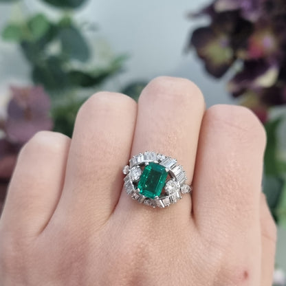 Vintage Boucheron Colombian Emerald and Diamond Cluster Dress Ring