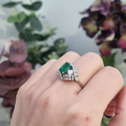 Vintage Boucheron Colombian Emerald and Diamond Cluster Dress Ring