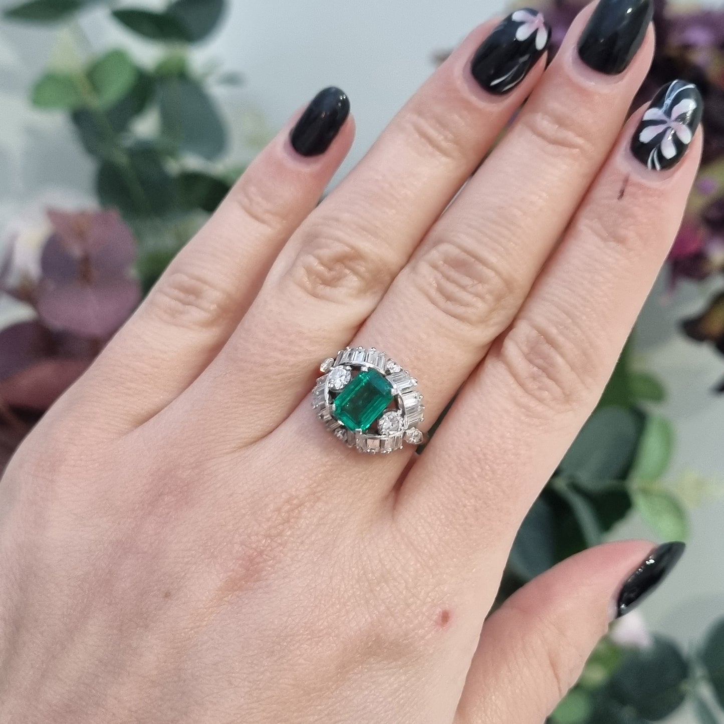 Vintage Boucheron Colombian Emerald and Diamond Cluster Dress Ring