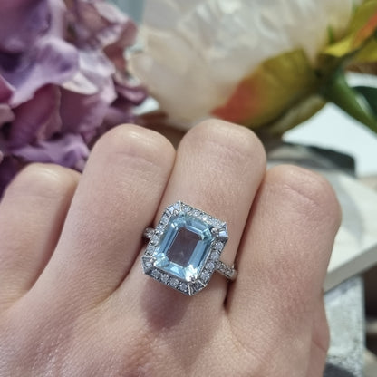 3.70ct Emerald Cut Aquamarine and Diamond Cluster Ring