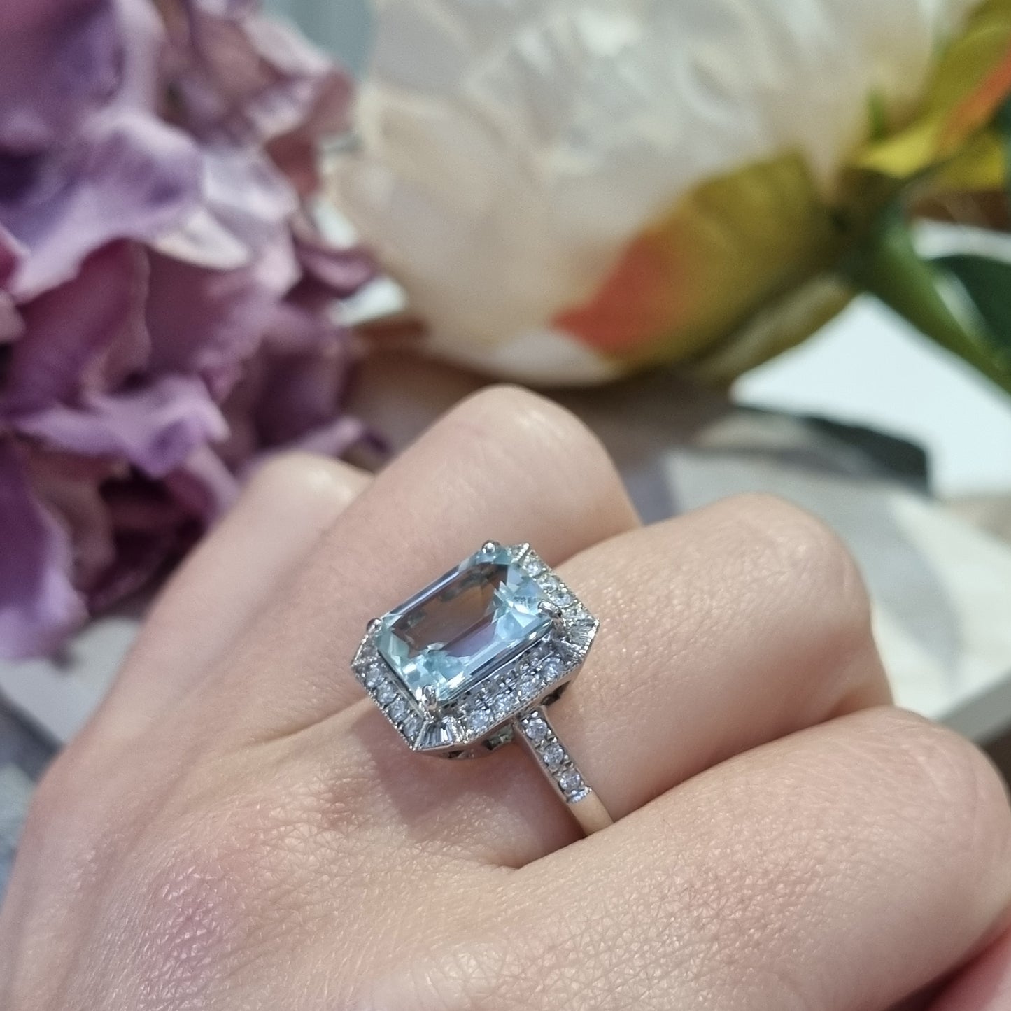 3.70ct Emerald Cut Aquamarine and Diamond Cluster Ring
