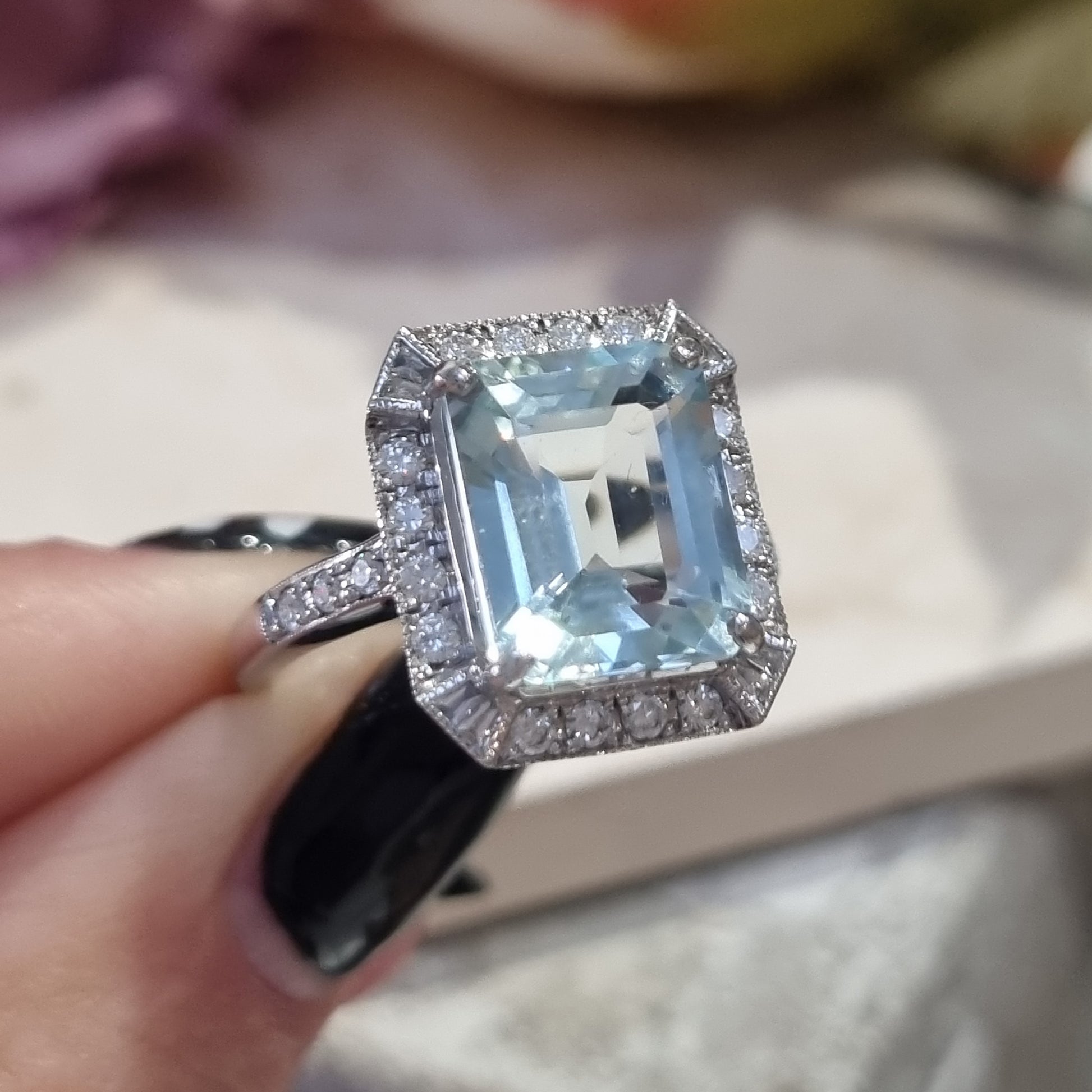 3.70ct Emerald Cut Aquamarine and Diamond Cluster Ring