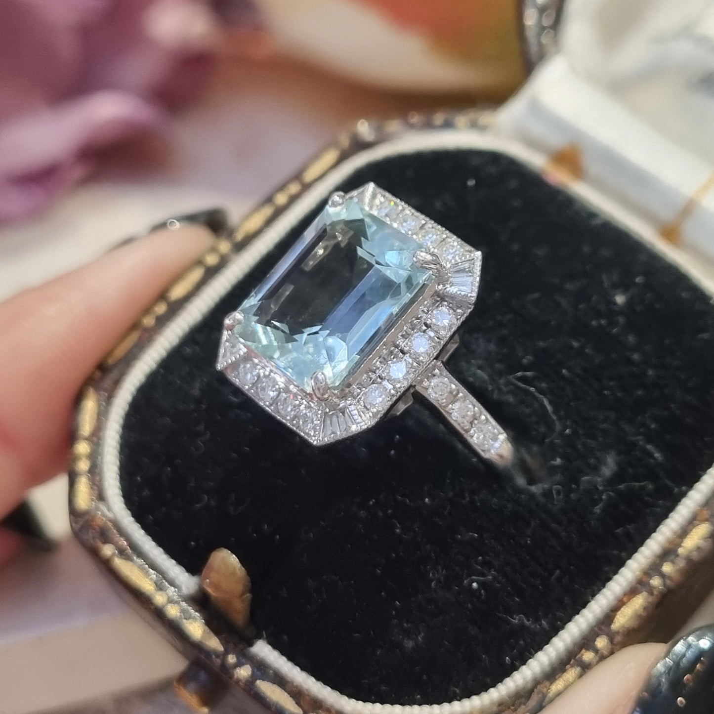 3.70ct Emerald Cut Aquamarine and Diamond Cluster Ring
