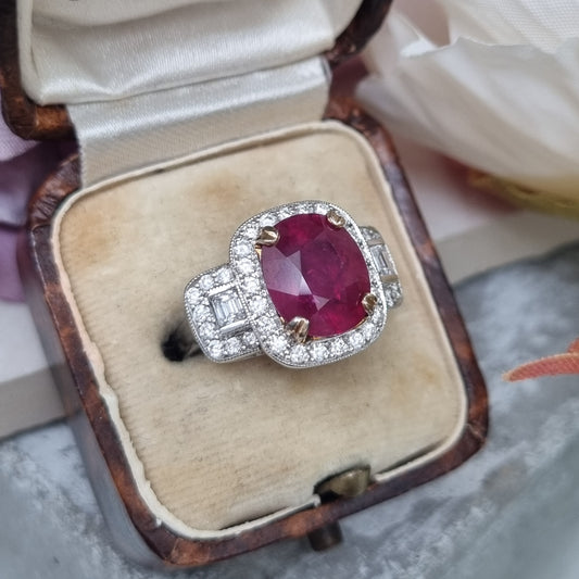 Certified 4ct Madagascar Ruby and Diamond Dress Ring