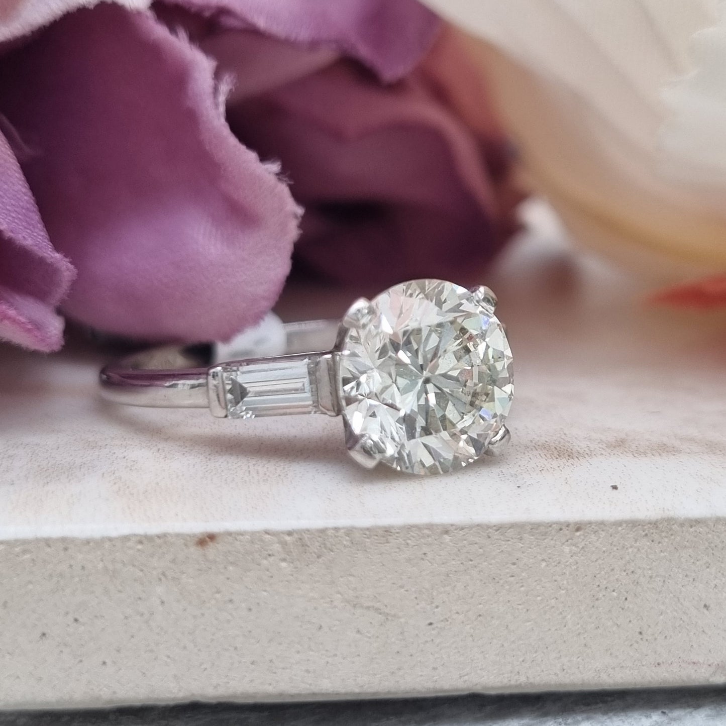 Vintage 2.54ct Diamond Solitaire Engagement Ring with Baguette Shoulders