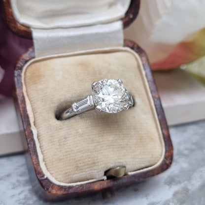 Vintage 2.54ct Diamond Solitaire Engagement Ring with Baguette Shoulders