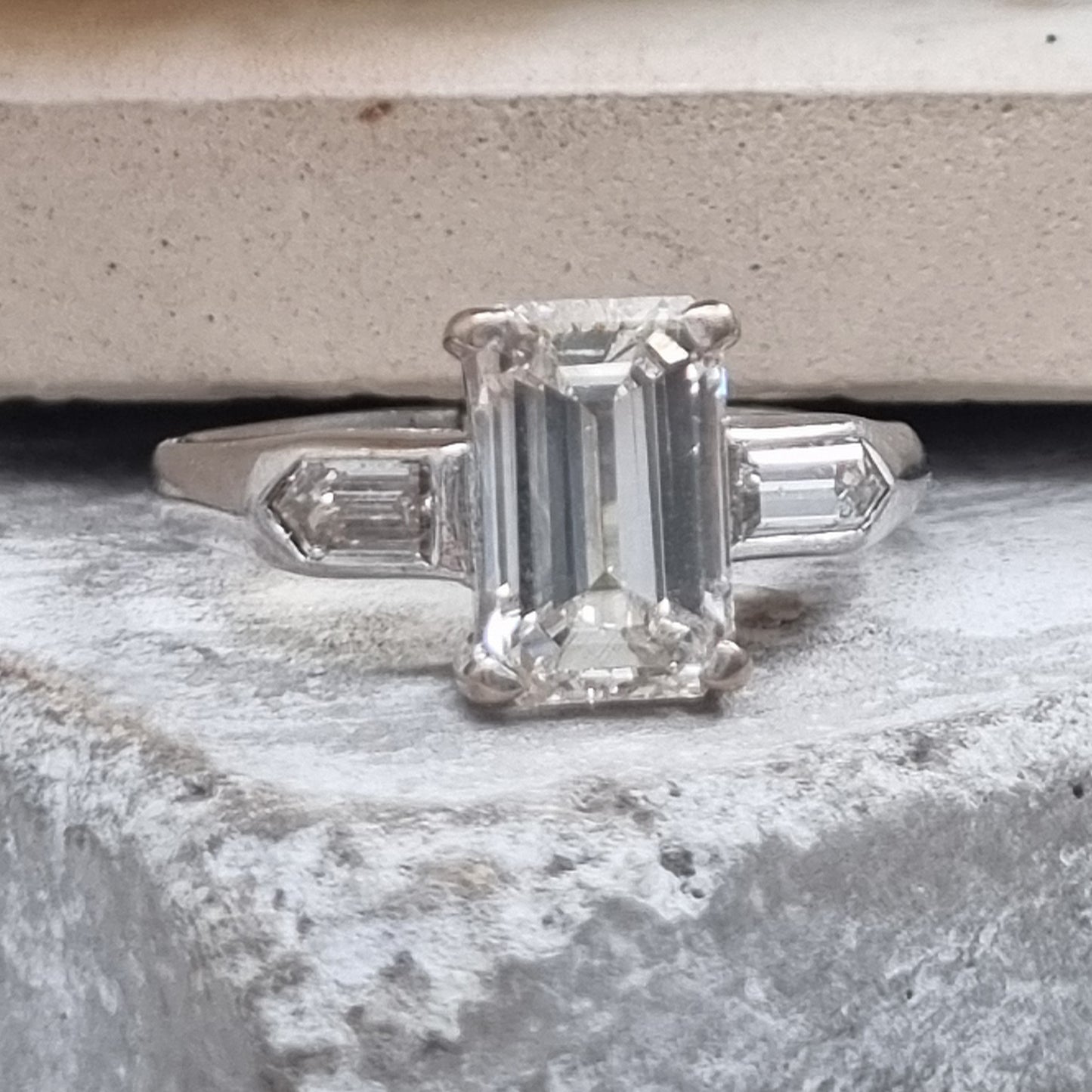 1.55ct Emerald Cut and Bullet Cut Diamond Trilogy Engagement Ring