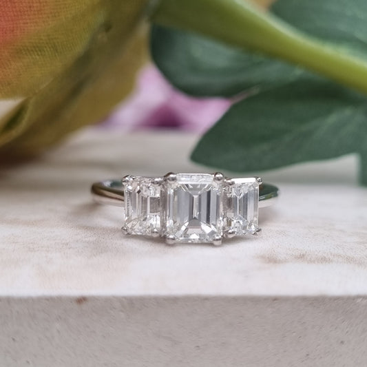Emerald Cut Three Stone Diamond Engagement Ring in Platinum, 2.34 carats