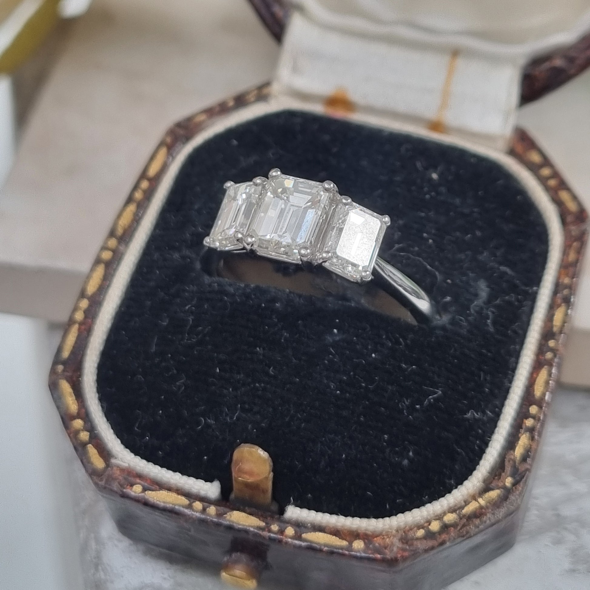 Emerald Cut Three Stone Diamond Engagement Ring in Platinum, 2.34 carats