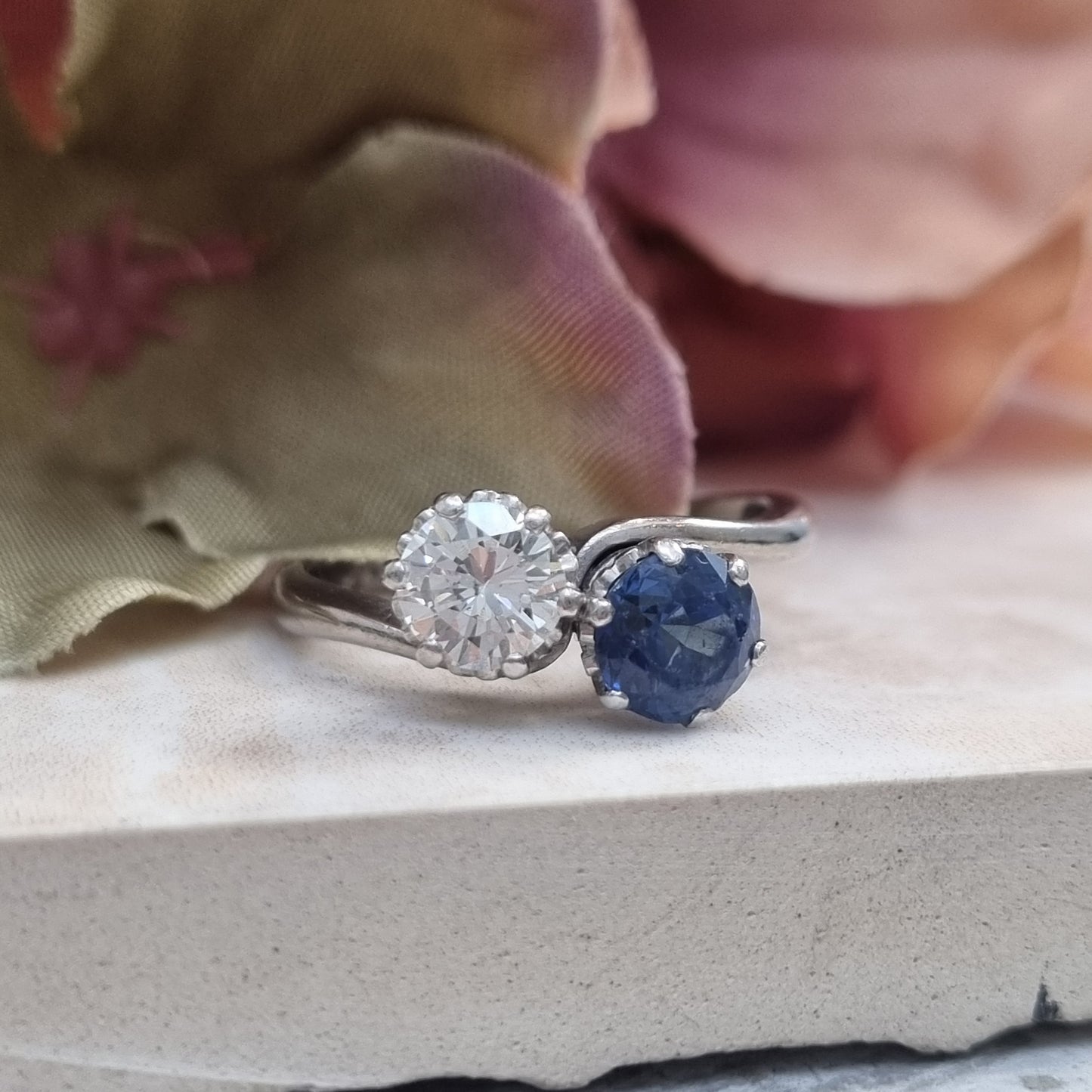 Art Deco Antique Sapphire and Diamond Crossover Ring
