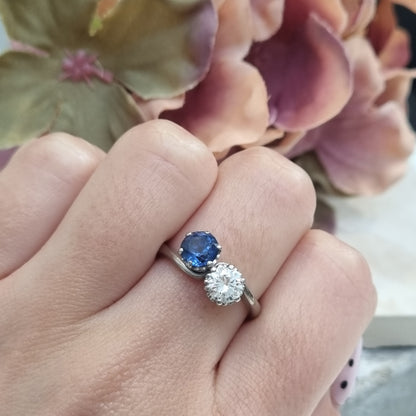 Art Deco Antique Sapphire and Diamond Crossover Ring