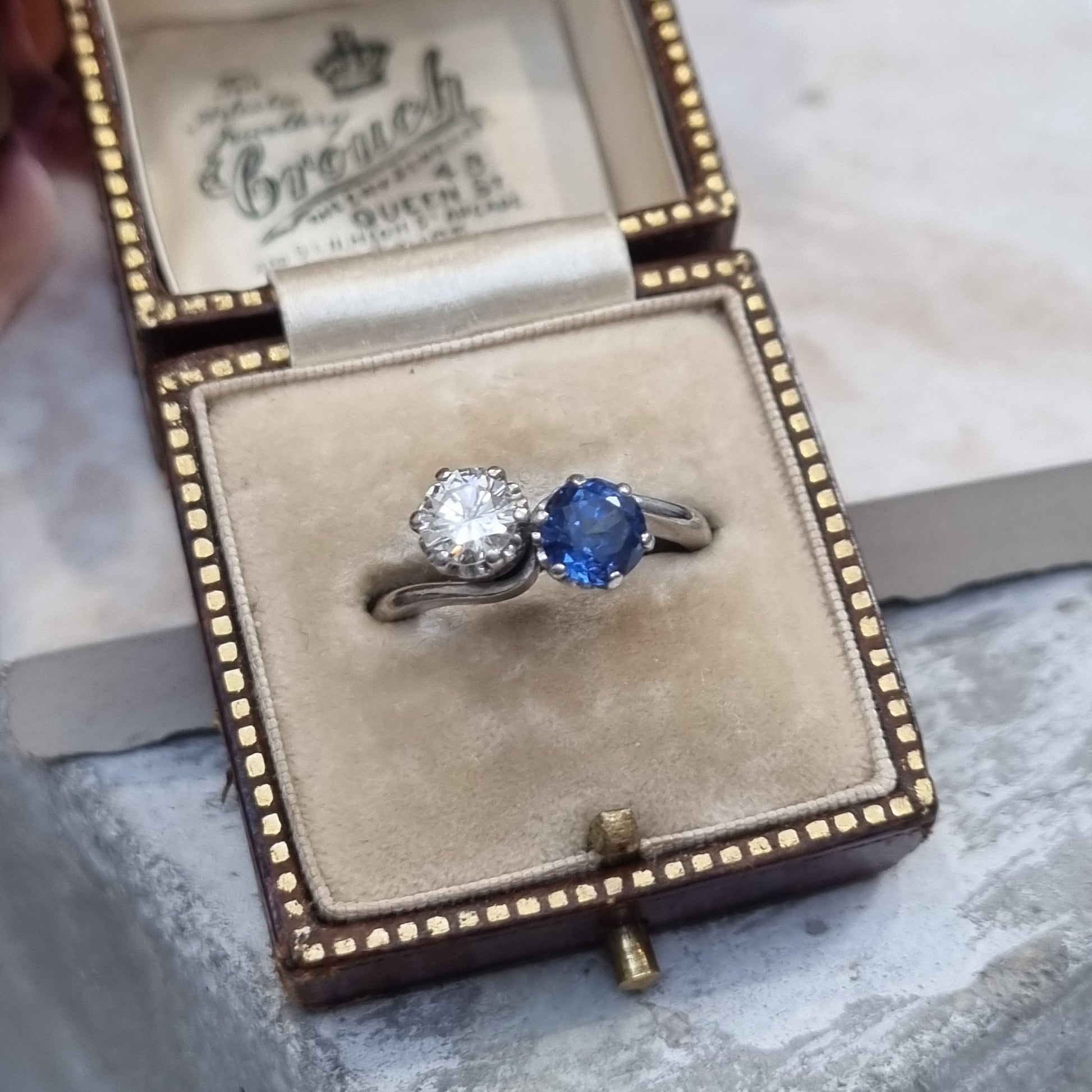 Art Deco Antique Sapphire and Diamond Crossover Ring
