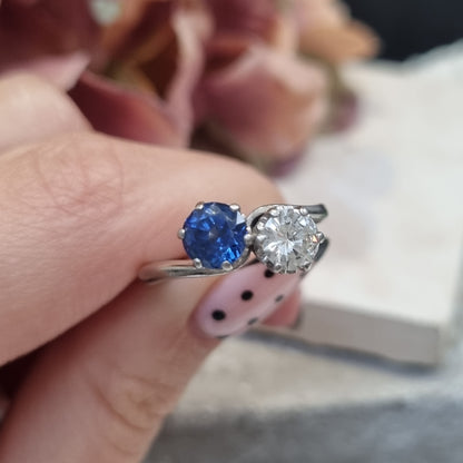 Art Deco Antique Sapphire and Diamond Crossover Ring