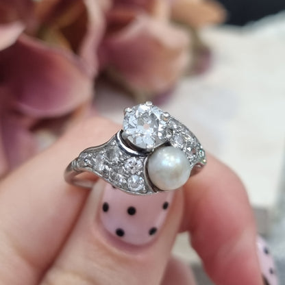 Belle Epoque Natural Pearl and Old Cut Diamond Ring in Platinum