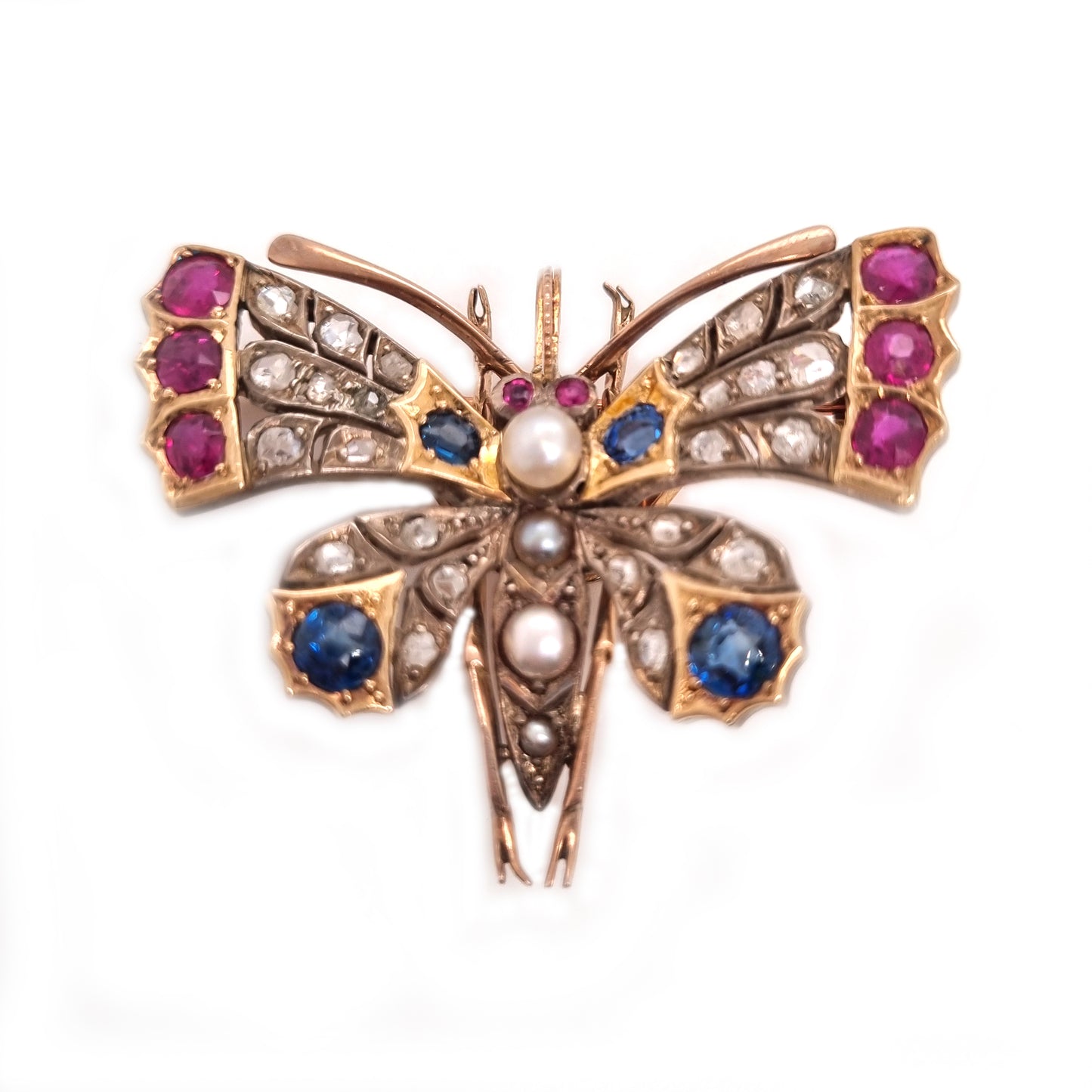 Antique Ruby Sapphire Pearl and Diamond Butterfly Brooch, Circa 1900
