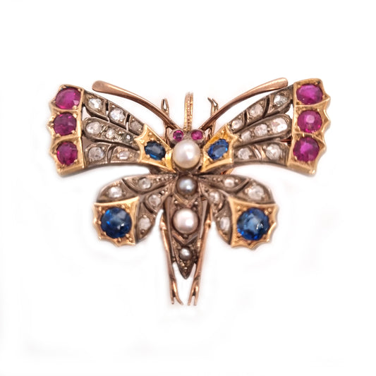 Antique Ruby Sapphire Pearl and Diamond Butterfly Brooch, Circa 1900