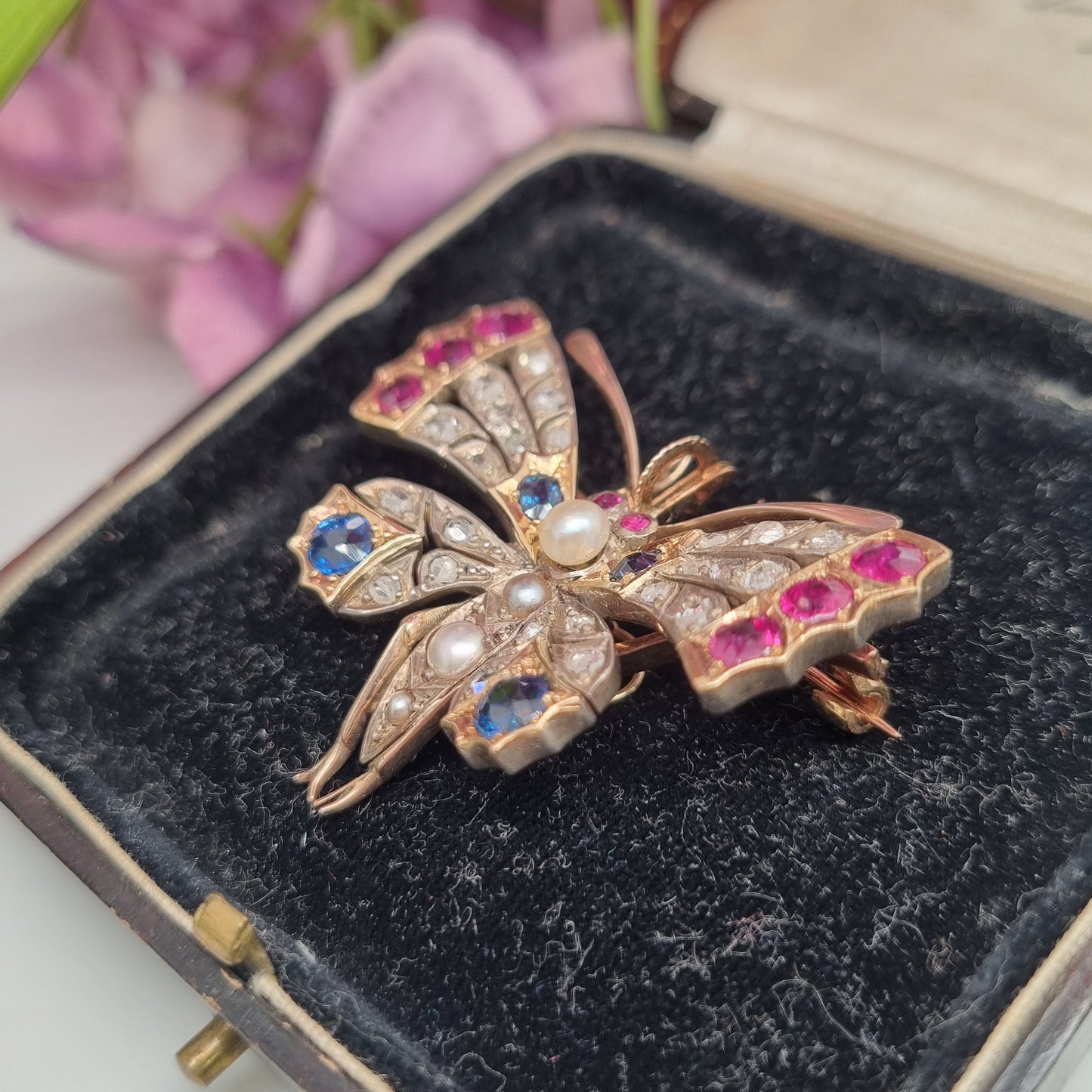 Antique Ruby Sapphire Pearl and Diamond Butterfly Brooch, Circa 1900