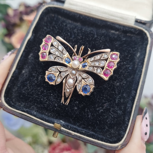 Antique Ruby Sapphire Pearl and Diamond Butterfly Brooch, Circa 1900