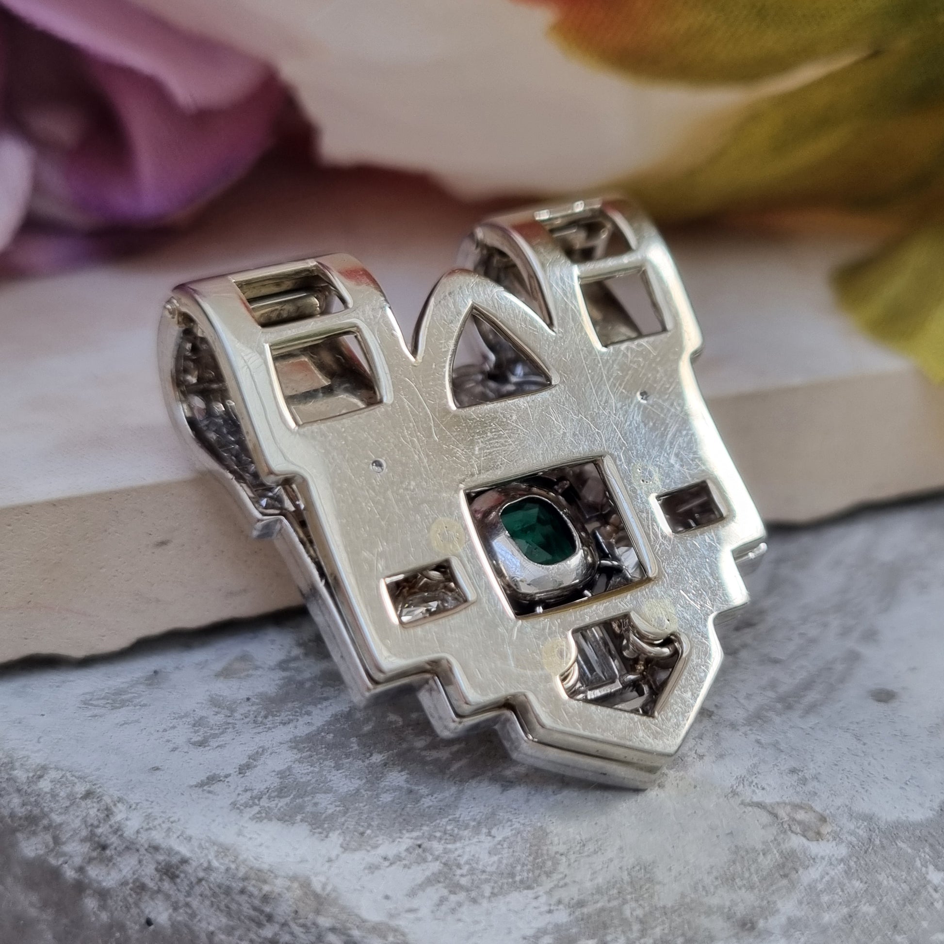 Art Deco Colombian Emerald and Diamond Clip Brooch