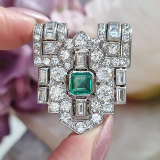 Art Deco Colombian Emerald and Diamond Clip Brooch