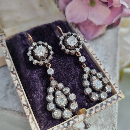 Georgian Antique 5ct Old Cut Diamond Cluster Drop Earrings