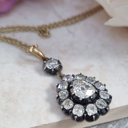 Georgian Antique Diamond Cluster Pear Shape Cluster Pendant, 7.50 carats