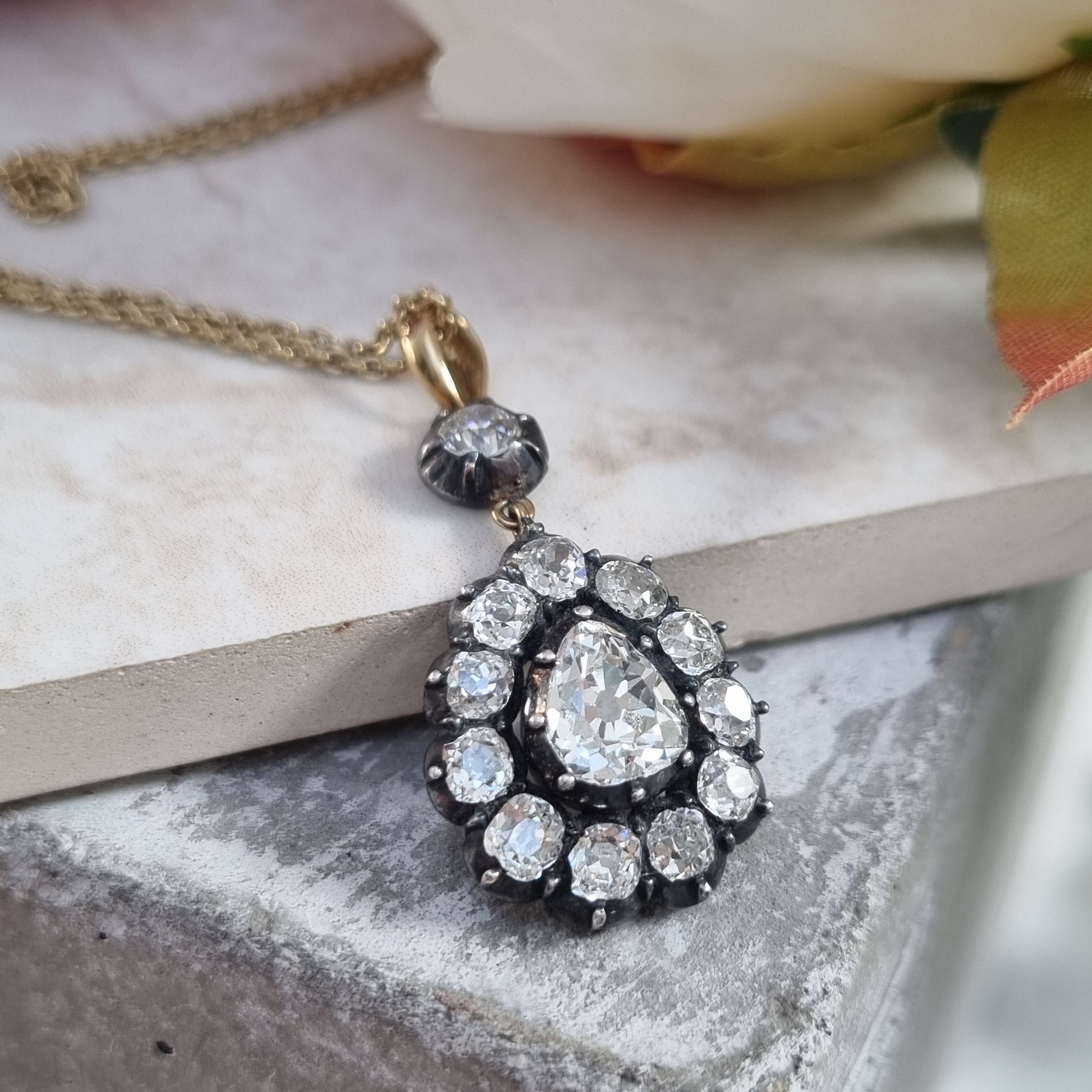 Georgian Antique Diamond Cluster Pear Shape Cluster Pendant, 7.50 carats