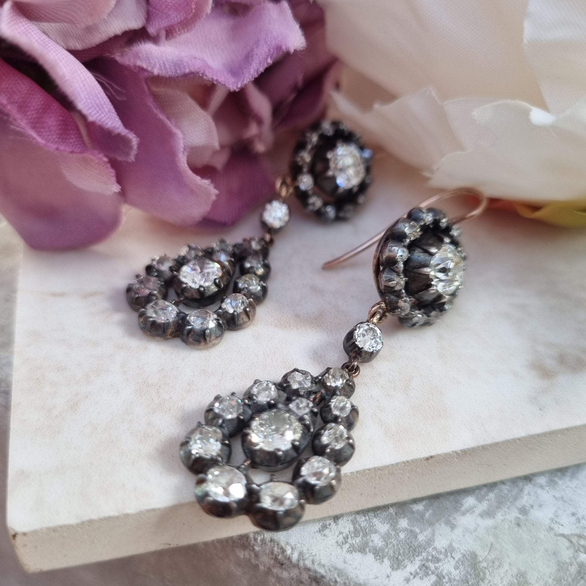 Georgian Antique 5ct Old Cut Diamond Cluster Drop Earrings