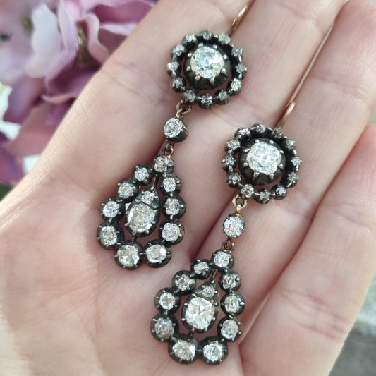 Georgian Antique 5ct Old Cut Diamond Cluster Drop Earrings